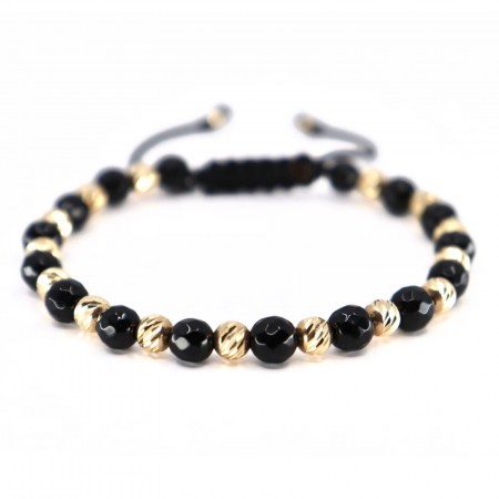 Bratari aur barbati - Brățară cu Bile de Aur 14K, Șnur și Onix Fațetat 6 mm