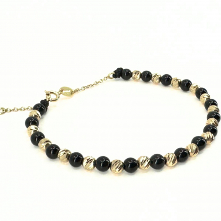 Brățară cu Bile de Aur Damă, Onix și Închizătoare cu Extensie Lanț, Reglabilă [4]