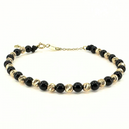Brățară cu Bile de Aur Damă, Onix și Închizătoare cu Extensie Lanț, Reglabilă [0]