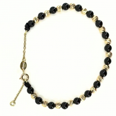 Brățară cu Bile de Aur Damă, Onix și Închizătoare cu Extensie Lanț, Reglabilă [2]