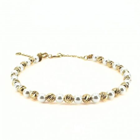 Brățară cu Bile de Aur Damă, Perle Stil Mallorca și Închizătoare cu Extensie Lanț, Reglabilă [0]