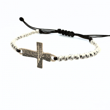 Bratari personalizate cu nume / text - Brățară cu Bile și Cruciuliță Gravată cu Rugăciunea Tatăl Nostru, din Argint 925, Șnur Reglabil