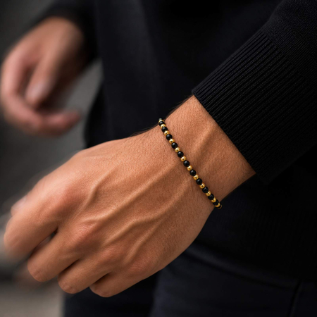 Bratari argint barbati - Brățară cu Biluțe Argint Placate cu Aur 18K, Onix Negru 4mm, Șnur Reglabil, Unisex