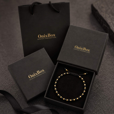 Brățară cu Biluțe Argint Placate cu Aur 18K, Onix Negru 4mm, Șnur Reglabil, Unisex [5]
