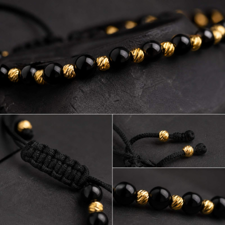 Brățară cu Biluțe Argint Placate cu Aur 18K, Onix Negru 4mm, Șnur Reglabil, Unisex [6]