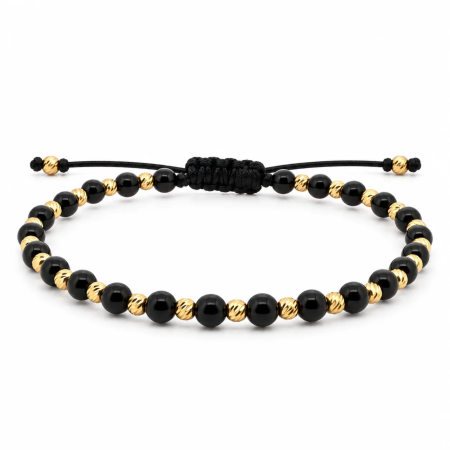 BRATARI - Brățară cu Biluțe Argint Placate cu Aur 18K, Onix Negru 4mm, Șnur Reglabil, Unisex