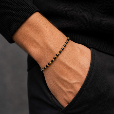 Brățară cu Biluțe Argint Placate cu Aur 18K, Onix Negru 4mm, Șnur Reglabil, Unisex [4]