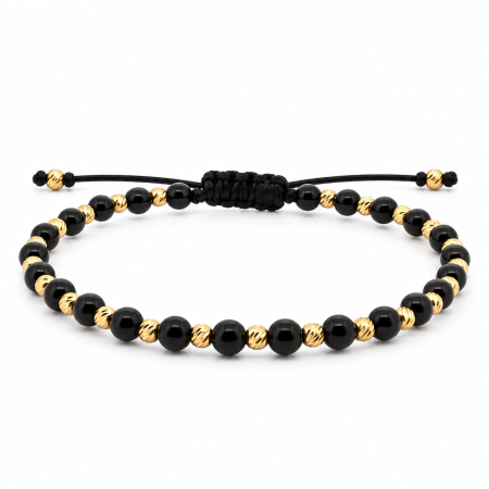 Bratari argint barbati - Brățară cu Biluțe Argint Placate cu Aur 18K, Onix Negru 4mm, Șnur Reglabil, Unisex
