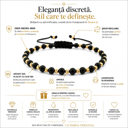 Brățară cu Biluțe Argint Placate cu Aur 18K, Onix Negru 4mm, Șnur Reglabil, Unisex [3]