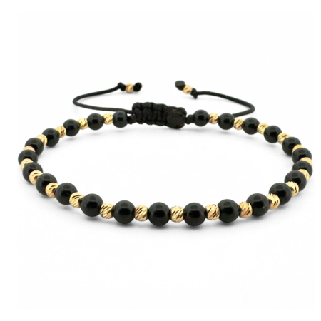 Bratari barbati - Brățară cu Biluțe Argint Placate cu Aur 24K, Onix Negru 4mm, Șnur Reglabil, Unisex