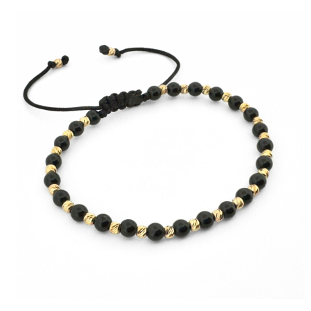 Bratari barbati - Brățară cu Biluțe Argint Placate cu Aur 24K, Onix Negru 4mm, Șnur Reglabil, Unisex