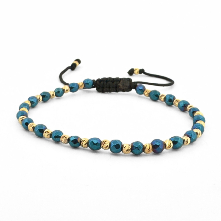 Bratari barbati - Brățară cu Biluțe Argint Placate cu Aur 24K, Hematit Albastru Fațetat 4mm, Șnur Reglabil, Unisex