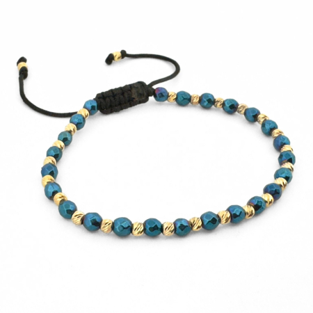 Bratari barbati - Brățară cu Biluțe Argint Placate cu Aur 24K, Hematit Albastru Fațetat 4mm, Șnur Reglabil, Unisex