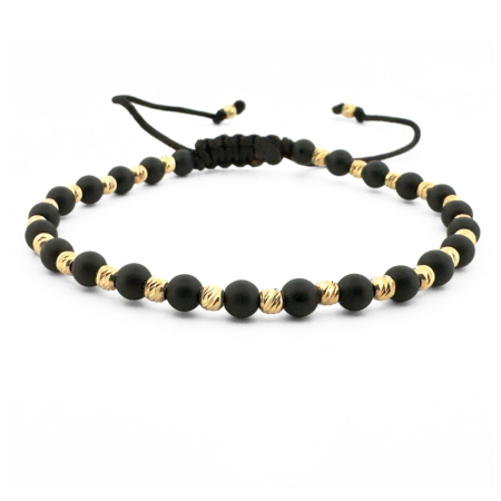 CADOURI - Brățară Onix Negru Mat 4 mm cu Biluțe Argint Placate Aur 14K – Șnur Reglabil Unisex