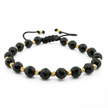 Bratari barbati - Brățară cu Biluțe Argint Placate cu Aur 24K, Onix Negru Fațetat 6mm, Șnur Reglabil, Unisex