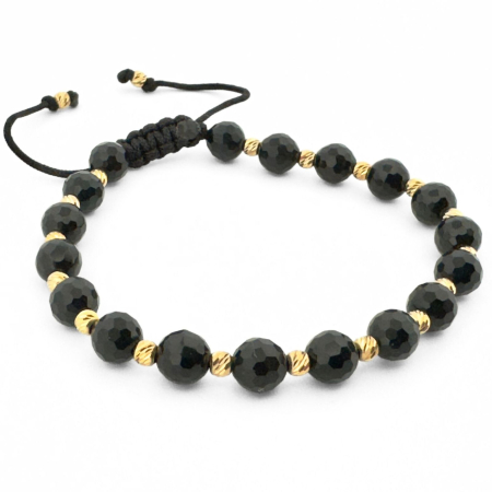 Bratari barbati - Brățară cu Biluțe Argint Placate cu Aur 24K, Onix Negru Fațetat 6mm, Șnur Reglabil, Unisex