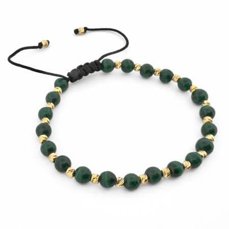 Cadouri pentru Ea - Brățară cu Biluțe Argint Placate cu Aur 24K, Malachit Verde 5mm, Șnur Reglabil, Unisex