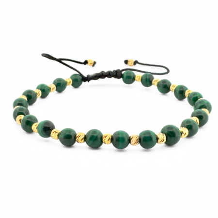 Cadouri pentru Ea - Brățară cu Biluțe Argint Placate cu Aur 24K, Malachit Verde 5mm, Șnur Reglabil, Unisex