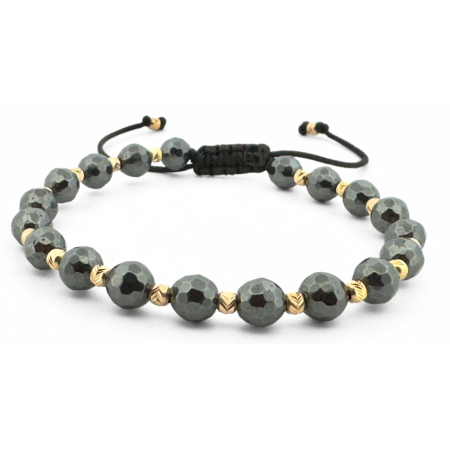 Cadouri pentru Ea - Brățară cu Biluțe de Argint Placate cu Aur 24K - Hematit Fațetat 6mm, Șnur Reglabil, Unisex - Energie, Echilibru & Protecție