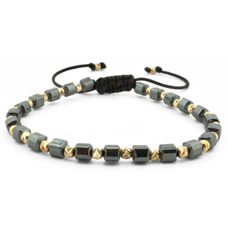 Cadouri pentru Ea - Brățară cu Biluțe de Argint Placate cu Aur 24K - Hematit Cuburi 4mm, Șnur Reglabil, Unisex - Energie, Echilibru & Protecție