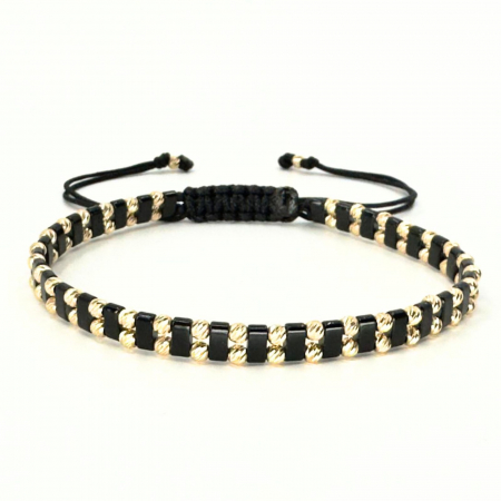 Bratari bilute aur - Brățară cu Biluțe de Aur 14K 585. Hematit Negru și Șnur Reglabil, Unisex