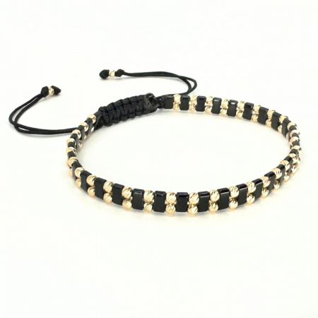 Bratari bilute aur - Brățară cu Biluțe de Aur 14K 585. Hematit Negru și Șnur Reglabil, Unisex