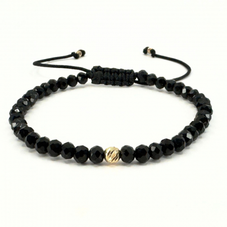 BRATARI - Brățară cu Biluțe de Aur 14K, Cristale Rondele Negre și Șnur Reglabil, Unisex