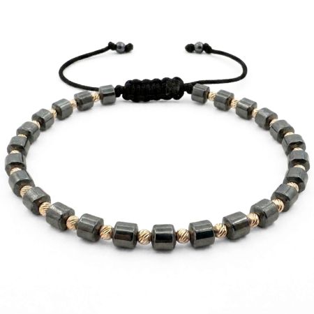 BRATARI - Brățară cu Biluțe de Aur 14K pentru Bărbați, Pietre Hematit Cuburi 4mm, Șnur Reglabil