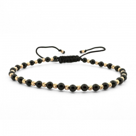 Bratari aur dama - Brățară cu Biluțe de Aur 14K și Pietre Onix 3 mm, Șnur Reglabil