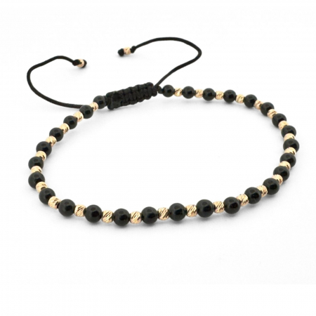 Bratari aur dama - Brățară cu Biluțe de Aur 14K și Pietre Onix 3 mm, Șnur Reglabil