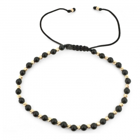 Brățară cu Biluțe de Aur 14K și Pietre Onix 3 mm, Șnur Reglabil [2]