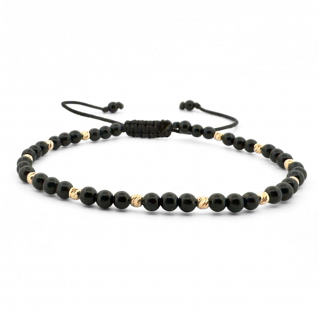 Cadouri pentru Ea - Brățară cu Biluțe de Aur 14K și Pietre Semiprețioase Onix 3 mm, Șnur Reglabil