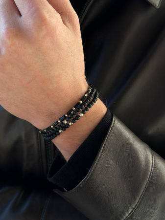 Brățară cu Biluțe de Aur Alb 14K, Onix și Șnur Reglabil [2]