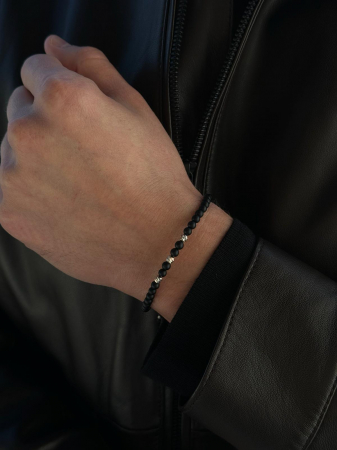 Brățară cu Biluțe de Aur Alb 14K, Onix și Șnur Reglabil [1]