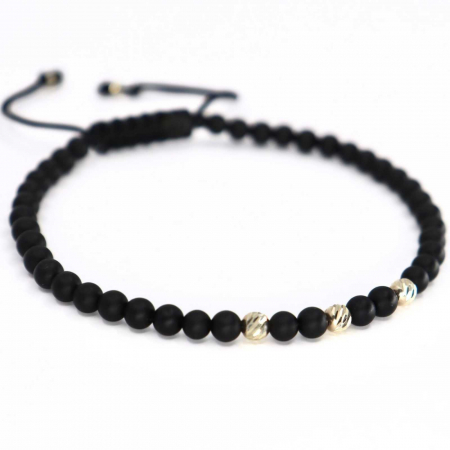 Brățară cu Biluțe de Aur Alb 14K, Onix și Șnur Reglabil [3]