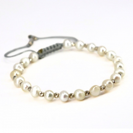 Brățară cu Biluțe de Aur Alb 14K, Perle de Cultură 4.5 mm, Șnur Reglabil [1]