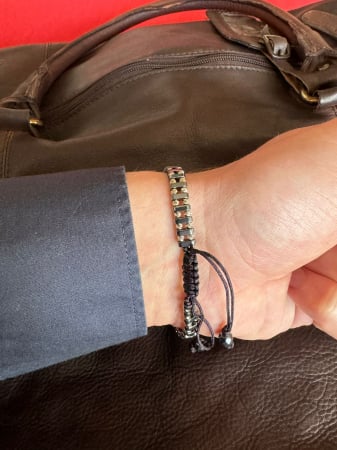 Brățară cu biluțe de aur alb 14K și Hematit, șnur reglabil [2]