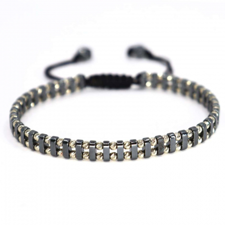 Brățară cu biluțe de aur alb 14K și Hematit, șnur reglabil [0]