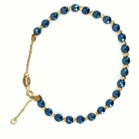 Brățară cu Biluțe de Aur Damă, Hematit Albastru și Închizătoare cu Extensie Lanț, Reglabilă [2]