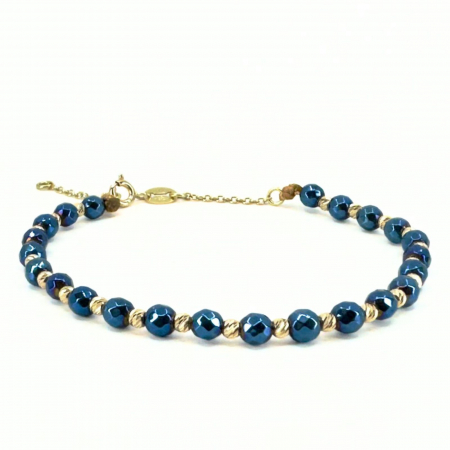 Brățară cu Biluțe de Aur Damă, Hematit Albastru și Închizătoare cu Extensie Lanț, Reglabilă [0]