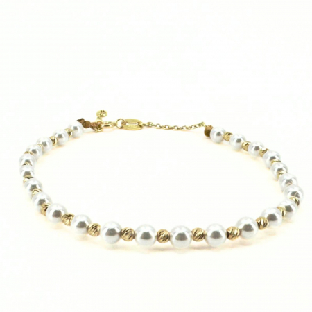 Brățară cu Biluțe de Aur Damă, Perle Stil Mallorca și Închizătoare cu Extensie Lanț, Reglabilă [0]