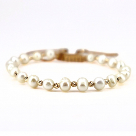 Bratari bilute aur - Brățară cu Biluțe de Aur Galben 14K, Perle de Cultură 4.5 mm, Șnur Reglabil