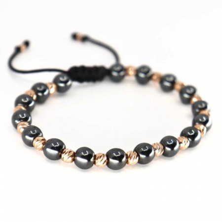 Brățară cu Biluțe de Aur Roz 14K, Hematit și Șnur Reglabil [2]