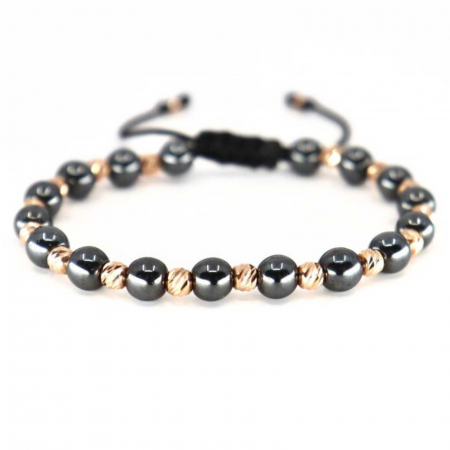 Brățară cu Biluțe de Aur Roz 14K, Hematit și Șnur Reglabil [0]