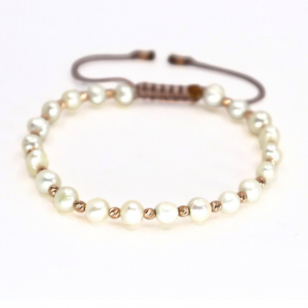 Bratari bilute aur - Brățară cu Biluțe de Aur Roz 14K, Perle de Cultură 4.5 mm, Șnur Reglabil