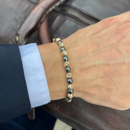 Bratari bilute aur - Bratara cu bilute de aur si pietre hematit 6 mm, snur impletit