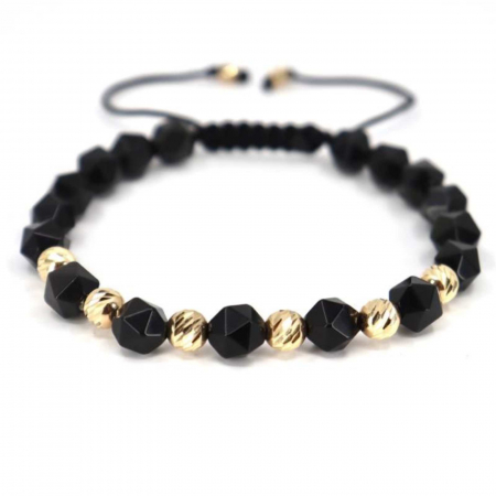Bratari bilute aur - Bratara cu bilute de aur si pietre onix fatetat 8 mm, snur reglabil