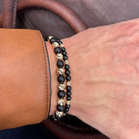 Bratara cu bilute de aur si pietre onix mat 6 mm, snur impletit [4]