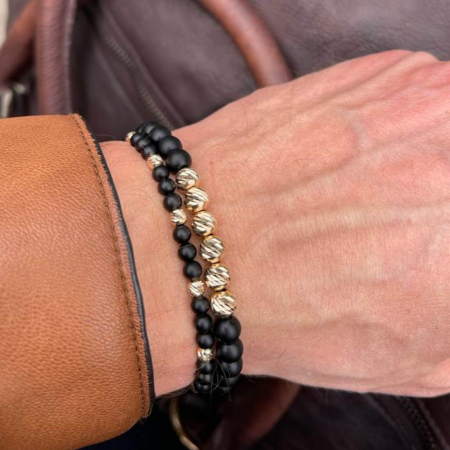 Bratara cu bilute de aur si pietre onix mat 6 mm, snur reglabil [4]