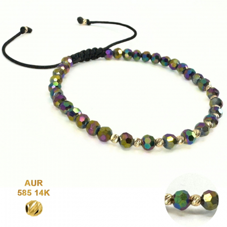 Bratari bilute aur - Brățară cu Biluțe din Aur 14K și Cristale Sticlă Multicolore 4 mm, Șnur Reglabil